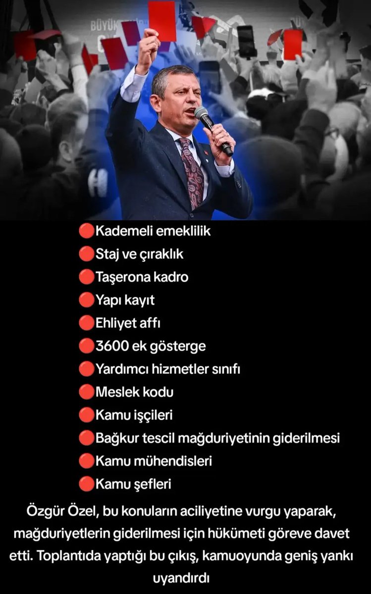 Cumhuriyet Halk Partisi Genel Başkanı Özgür Özel, TBMM Grup Toplantısında yaptığı konuşmada,çözüm bekleyen toplumsal mağduriyetlere dikkat çekerek hükümete "kırmızı kart" gösterdi. 

Özel, çözüm bekleyen konuları sıralayarak şunları dile getirdi:
#carsamba