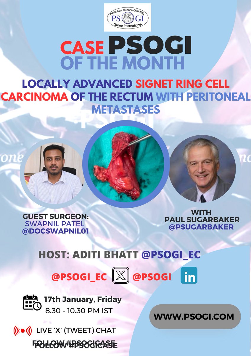 Peritoneal Surface Oncology Group International (@psogi_ec) on Twitter photo #PSOGICASE
CASE OF THE MONTH #37
A new stint in this series..
Our 1st guest surgeon <a href="/docswapnil01/">Swapnil Patel</a>
will discuss the management
Locally-advanced rectal cancer (signet ring cell carcinoma) with peritoneal metastases
with <a href="/PSugarbaker/">Paul H Sugarbaker</a>
➡️Intent of treatment
➡️Optimal #PSOGICASE
CASE OF THE MONTH #37
A new stint in this series..
Our 1st guest surgeon <a href="/docswapnil01/">Swapnil Patel</a>
will discuss the management
Locally-advanced rectal cancer (signet ring cell carcinoma) with peritoneal metastases
with <a href="/PSugarbaker/">Paul H Sugarbaker</a>
➡️Intent of treatment
➡️Optimal