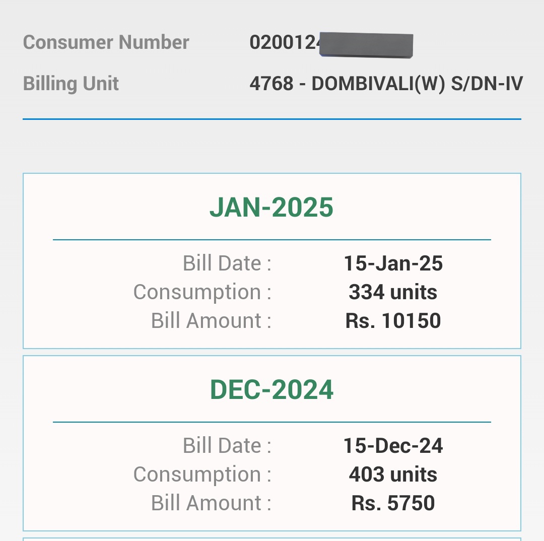 DBADeepakDubey's tweet image. Dear @MSEDCL official&apos;s, 

Need assistance from your dept. in understanding why an average of 5000+ INR bill is set for a 1 BHK flat despite maximum ppl not being at home between 10 to 7 PM due to office and others. 

It seems there is some malfunction of meter.
#MSEB #Lightbill
