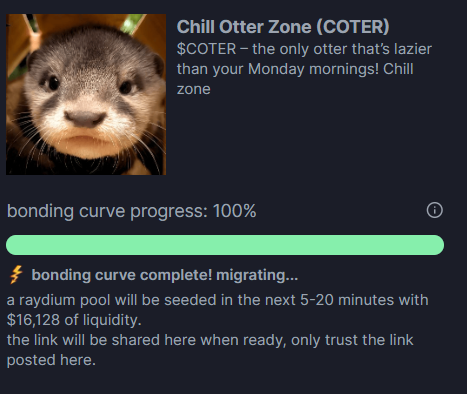 COTER_sol's tweet photo. Bonding curve complete! $COTER is migrating! https://t.co/uKN4Ra3qew