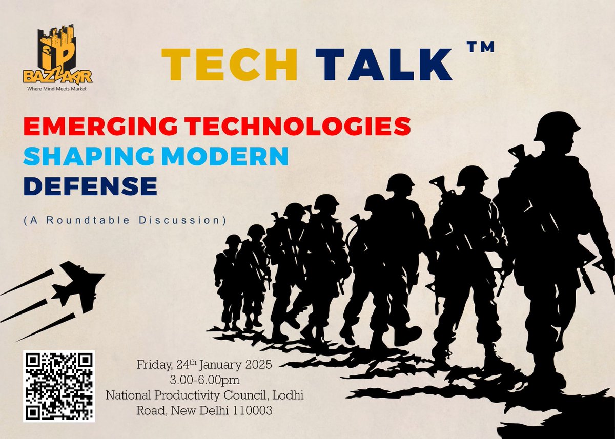 🚀 Join us for Tech Talk!
🗓️ Date: 24th January 2025
🕒 Time: 3 PM to 6 PM
📍 Location: National Productivity Council, Lodhi Road, New Delhi
Discover how emerging technologies are shaping the defense sector. Don’t miss this transformative roundtable discussion featuring experts