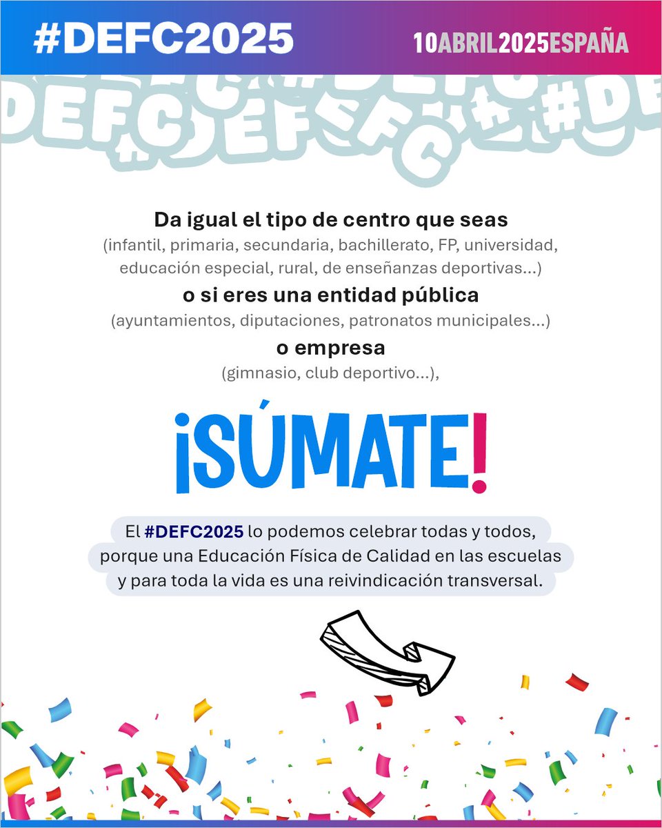 ¡Animamos a docentes, familias y responsables municipales a unirse a esta iniciativa que ya cuenta con más de una década de trayectoria!

Juntas y juntos podemos demostrar que la Educación Física transforma vidas y fomenta la inclusión:
📝: forms.gle/riPpDzCd5n6kTR…