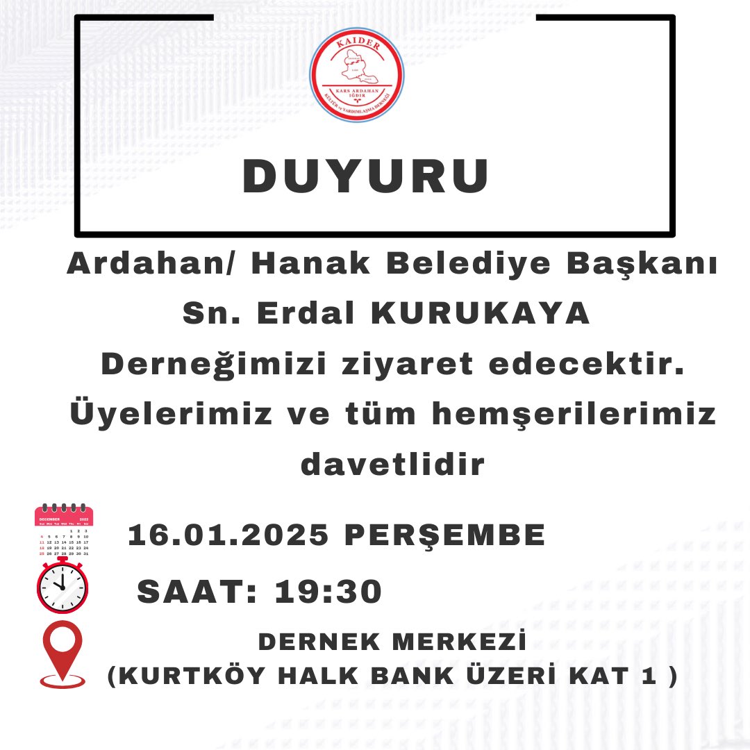 dernekkai's tweet photo. Ardahan/ Hanak Belediye Başkanı Sn. Erdal KURUKAYA
Derneğimizi ziyaret edecektir.
Üyelerimiz ve tüm hemşerilerimiz davetlidir.

🗓️ 16.01.2025 PERŞEMBE
⏰  19.30
📍 DERNEK MERKEZİ
(KURTKÖY HALK BANK  ÜZERİ KAT 1 ) https://t.co/P3tPlT8LGt