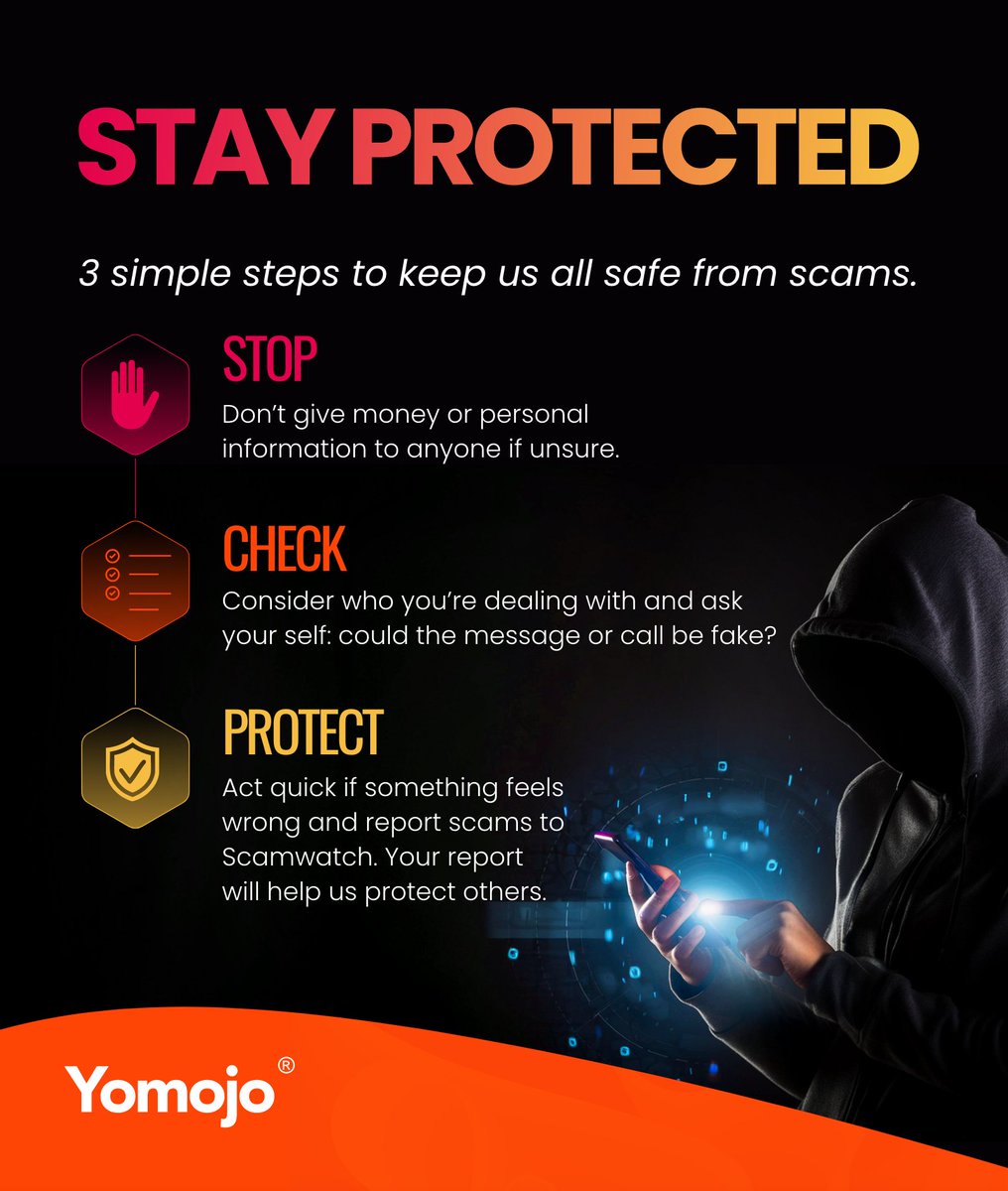 ThisIsYomojo's tweet photo. Stay safe online with Scamwatch &amp; ACCC tips! 🚨

🛑 STOP: Don’t share money or info.
✔️ CHECK: Could it be fake?
🔒 PROTECT: Act fast. Report to Scamwatch!

Contact your bank if needed. Call IDCARE at 1800 595 160 for support. Report scams: https://t.co/pEejSL1VZT
#StaySafeOnline https://t.co/rA9Ip4bsun
