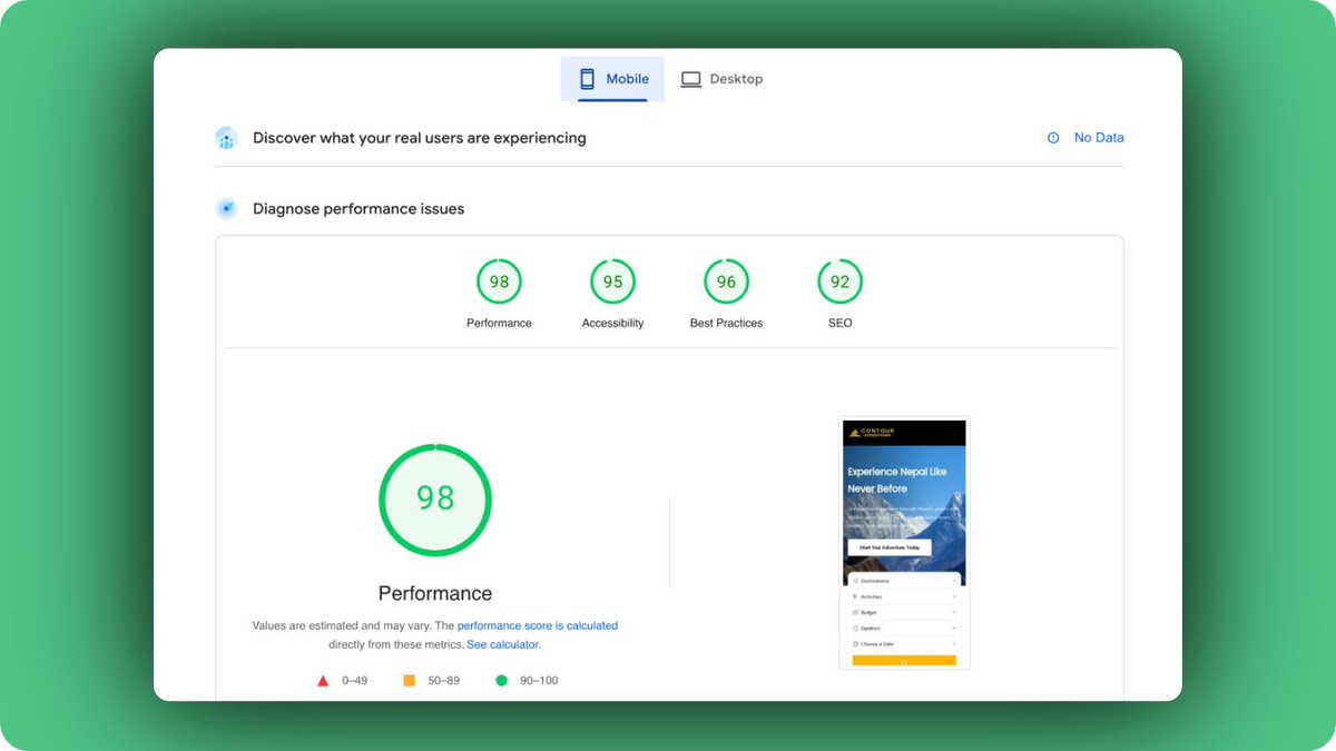 TripCartHQ's tweet photo. Here’s a screenshot from a page speed test of a tour booking site built with Tripcart.

It scored 98/100 on both mobile and desktop.

Why does that matter?

47% of users won’t wait more than 2 seconds.

Speed isn’t just about user experience—it’s about revenue. https://t.co/VswSHED3tn