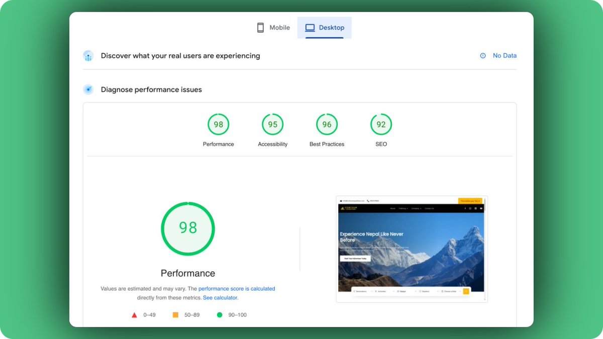 TripCartHQ's tweet photo. Here’s a screenshot from a page speed test of a tour booking site built with Tripcart.

It scored 98/100 on both mobile and desktop.

Why does that matter?

47% of users won’t wait more than 2 seconds.

Speed isn’t just about user experience—it’s about revenue. https://t.co/VswSHED3tn