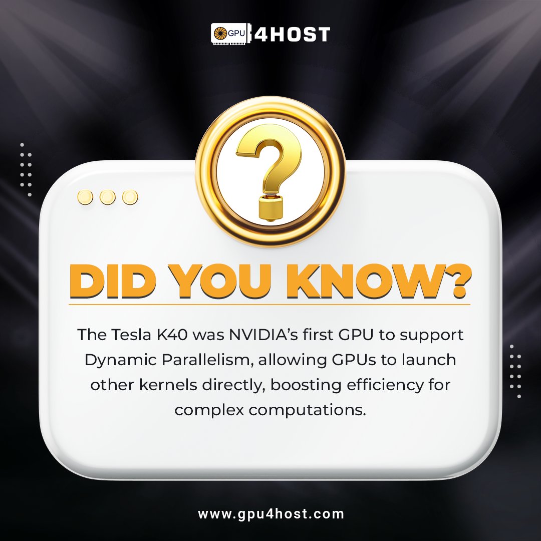 Gpu4Host's tweet image. Unlock next-level efficiency with Tesla K40! ⚡ With Dynamic Parallelism, it can launch kernels directly, making complex computations faster and more efficient. 🚀

#gpu4host #nvidiaa100 #gpuservice #GPU #HONGJOONG #Tesla #SupportLocal #Website #technology #ArtificialIntelligence