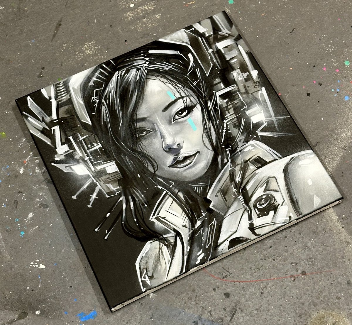New work on canvas - 30 x 30 inches - spray paint and acrylic on canvas - my new black and white science fiction series of works on canvas and walls - DM for details