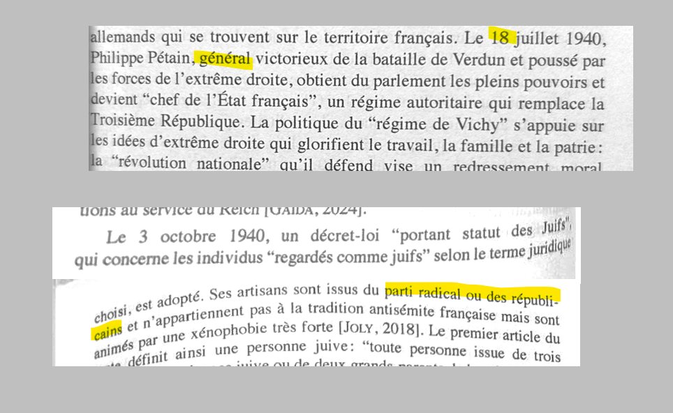 Signalées aux étudiants, deux erreurs dans le manuel "Atlande" ENS sur les étrangers, immigrés.. (ENS), p99-101 : 
- les pleins pouvoirs c'est le 10 juillet 1940
- le statut des juifs ce n'est pas le parti radical (Peyrouton qui en était proche a repris le projet Alibert/Marquet)