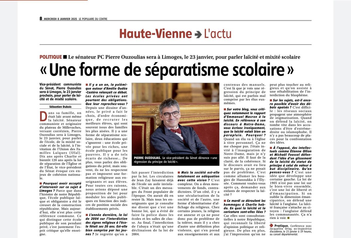 UfalHauteVienne's tweet photo. Le sénateur @OuzouliasP participera au débat sur l’école et la laïcité organisé par @ufal87  le 23/01 au @hautevienne_dep   Nous vous attendons nombreux à 19 h au Conseil Départemental de la Haute-Vienne ( rue François Chenieux à Limoges) @Ufal_org https://t.co/KTA0UOKpqc