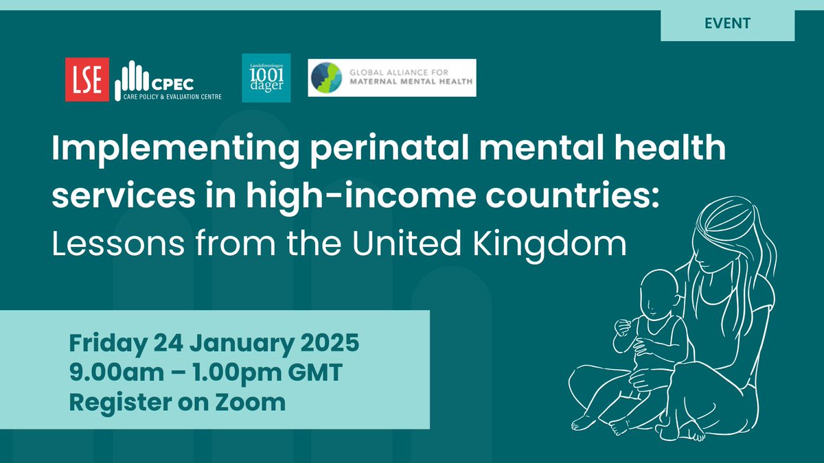 Care Policy and Evaluation Centre (@cpec_lse) on Twitter photo Perinatal #MentalHealth experts from UK & Norway come together on 24 Jan 2025!📢
Tune in online + hear from researchers, policymakers, & lived experience advocates incl <a href="/MichaelMarmot/">Sir Michael Marmot</a>, <a href="/dralaing/">Alain Gregoire</a>, <a href="/salhogg/">Sally Hogg</a>, <a href="/TrudiSene1/">Trudi Seneviratne OBE 🌠</a>, <a href="/a_annettemaria/">Annette Bauer</a> + more.🤱
REGISTER: lse.zoom.us/meeting/regist… Perinatal #MentalHealth experts from UK & Norway come together on 24 Jan 2025!📢
Tune in online + hear from researchers, policymakers, & lived experience advocates incl <a href="/MichaelMarmot/">Sir Michael Marmot</a>, <a href="/dralaing/">Alain Gregoire</a>, <a href="/salhogg/">Sally Hogg</a>, <a href="/TrudiSene1/">Trudi Seneviratne OBE 🌠</a>, <a href="/a_annettemaria/">Annette Bauer</a> + more.🤱
REGISTER: lse.zoom.us/meeting/regist…