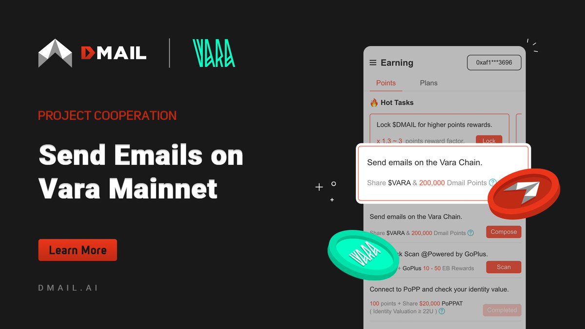 Dmailofficial's tweet photo. Exciting News for Dmailers!

🚀 Join us in welcoming @VaraNetwork to the #Giveaway Section!

🎁 Here's how you can start joining today:
1️⃣ Open the Dmail DApp
2️⃣ Go to Earning > Giveaways
3️⃣ Send Emails on #Vara Mainnet!

👉 Don’t wait—It's on now!:
https://t.co/SmplKxXJXP https://t.co/yHo0vHV8cv