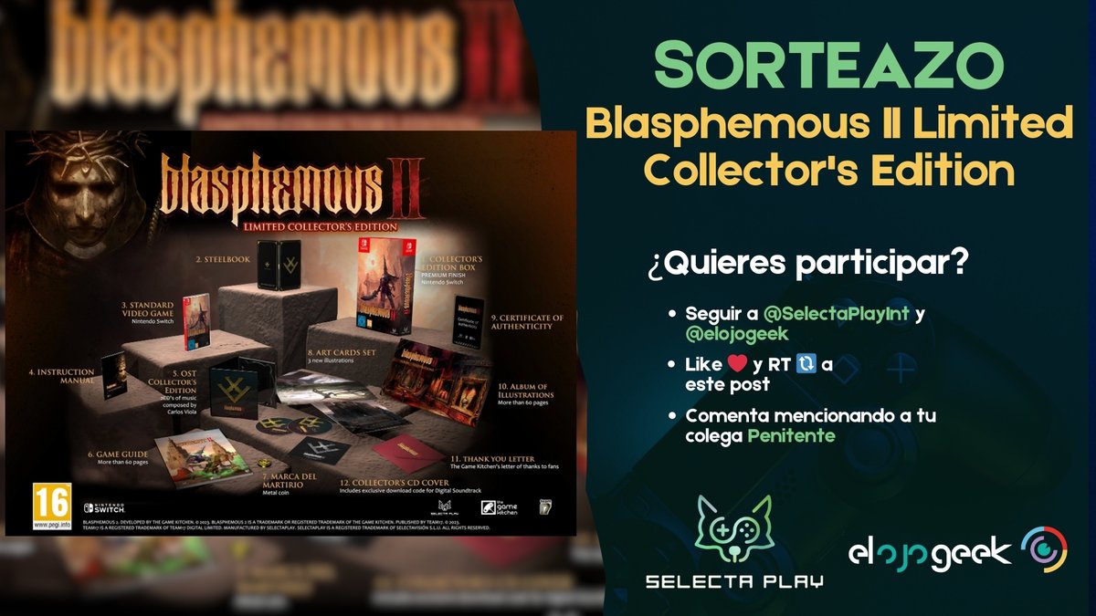 ⚔️ Sorteazo Blasphemous II ⚔️

Llévate esta pedazo edición coleccionista para Nintendo Switch cortesía de Selecta Play.

Requisitos:

- Seguir a <a href="/SelectaPlayInt/">Selecta Play International</a> y  <a href="/ElOjoGeek/">El Ojo Geek 👁️</a>
- Darle a ❤️ y 🔃 a este post
- Comenta mencionando a tu colega Penitente

*Ganadores el 17/01

Let´s go!
