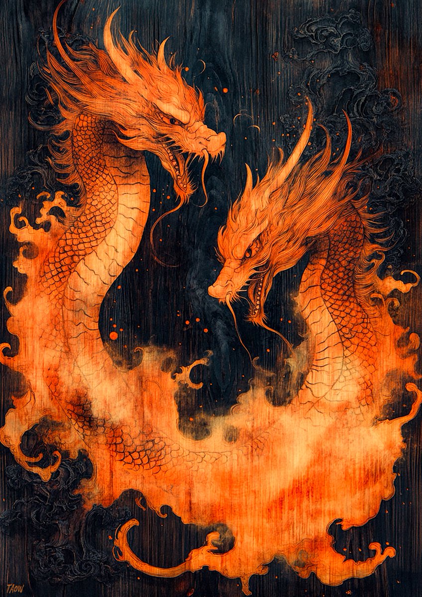 Last one for now, and a #PromptShare :)

"Inverted colours, light on dark, pyrography depicting [YOUR SUBJECT], wood grain, tenebrism, fiery glow, strong visual flow"

(cc <a href="/and_so_it_goes/">Ms. Babette ....</a>, <a href="/QueenofBaconz/">🥓Bacon 👸🏼Queen 🥓</a>)

–&gt; two entwined lysergic dragons

This one using #midjourney