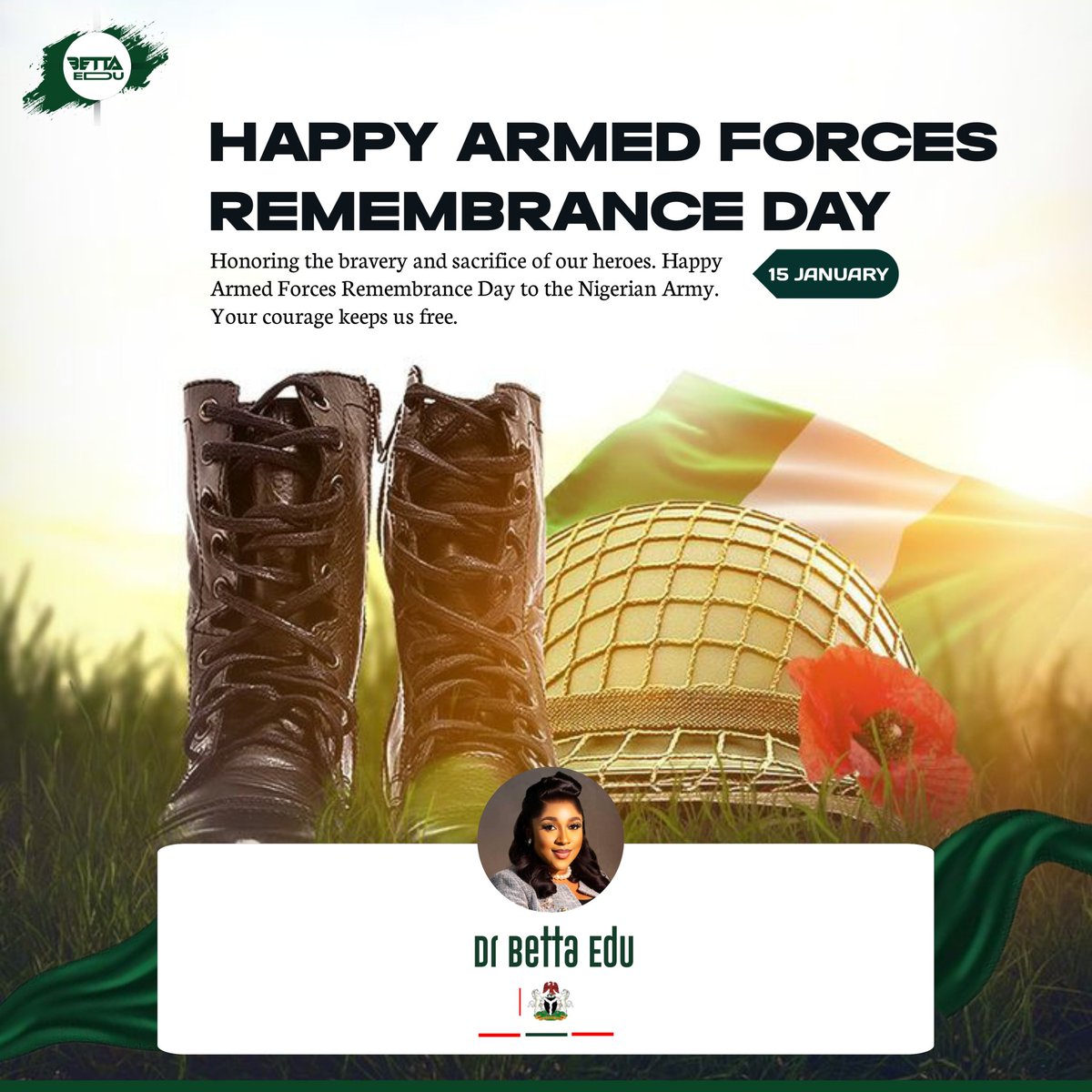 "Today, we honor the gallant heroes of the Nigerian Army who sacrificed for our peace and freedom. Dr. <a href="/edu_betta/">Betta Edu</a> joins the nation in saluting your courage, resilience, and dedication to protecting our beloved country. Your sacrifices will never be forgotten 🇳🇬"
~~ <a href="/edu_betta/">Betta Edu</a>
