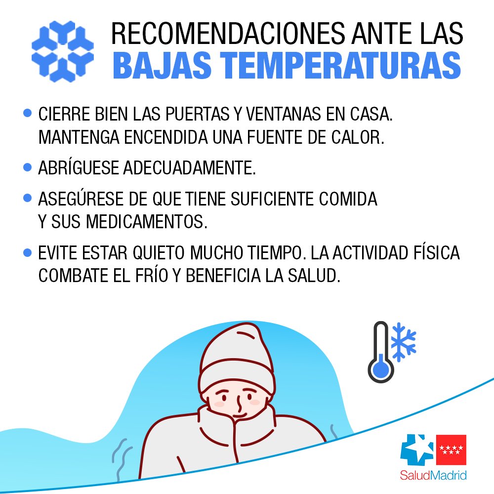 ComunidadMadrid's tweet photo. ❄ La Comunidad de Madrid ha activado la alerta por ola de frío. Se prevén bajas temperaturas para los próximos días. 

👉 Sigue las recomendaciones de @SaludMadrid y protege a los más vulnerables.

+Info: https://t.co/SERvaZ7hmx https://t.co/axWCTHRtiW