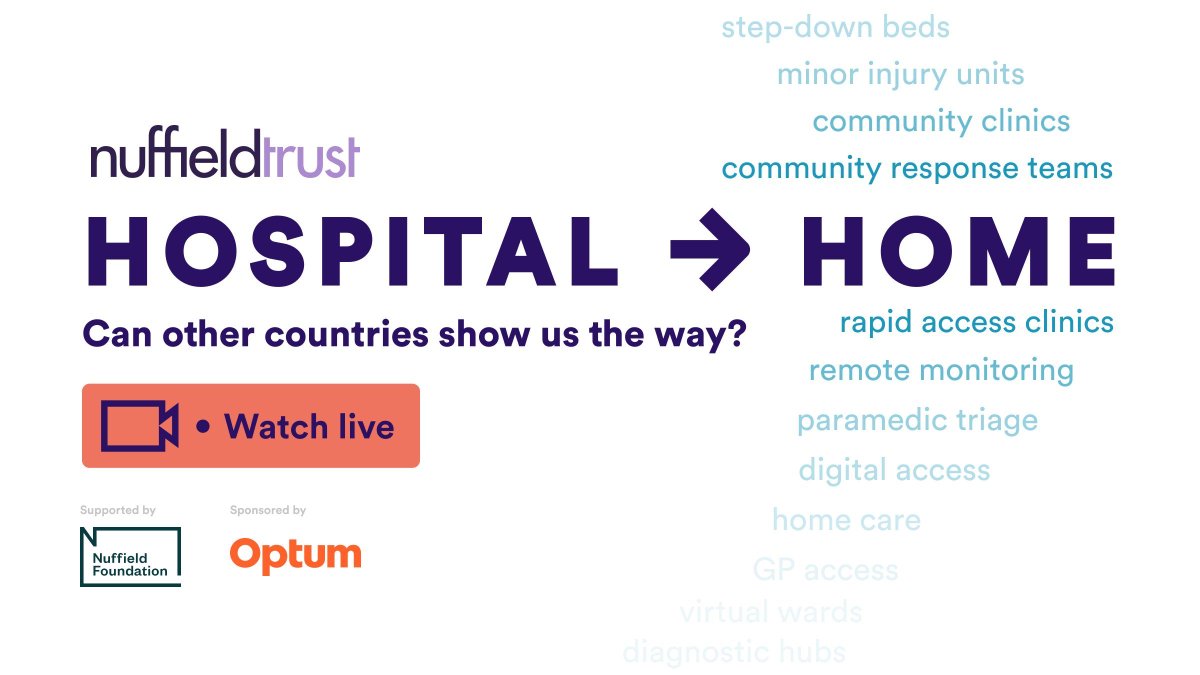 Our #hospitaltohome policy event – debating what it will really take to move more care from hospital into the community – kicks off in an hour!  
 
Watch it live: buff.ly/40w8rrl  
 
Session updates via our <a href="/bluesky/">bluesky</a> account: @nuffieldtrust.bsky.social