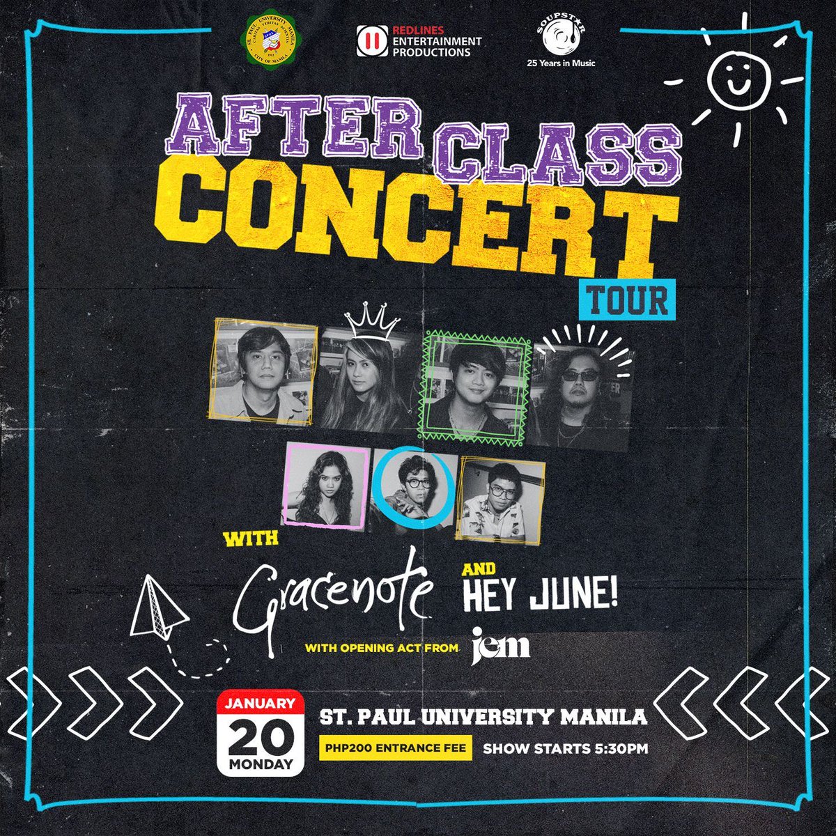 SOUPSTAR (@soupstarent) on Twitter photo First 'AFTER CLASS CONCERT' ngayong 2025 sa @_officialspum kasama ang <a href="/GracenotePH/">Gracenote</a> at <a href="/heyjunemusic/">HEY JUNE!</a> this January 20! <a href="/jemxcadelina/">Jem Cadeliña</a> will open the show!
Ticket price is Php 200. Kitakits sa campus niyo!
@redlinesprod #Soupstar #RedlinesProd #25YearsOfSoupstarMusic First 'AFTER CLASS CONCERT' ngayong 2025 sa @_officialspum kasama ang <a href="/GracenotePH/">Gracenote</a> at <a href="/heyjunemusic/">HEY JUNE!</a> this January 20! <a href="/jemxcadelina/">Jem Cadeliña</a> will open the show!
Ticket price is Php 200. Kitakits sa campus niyo!
@redlinesprod #Soupstar #RedlinesProd #25YearsOfSoupstarMusic