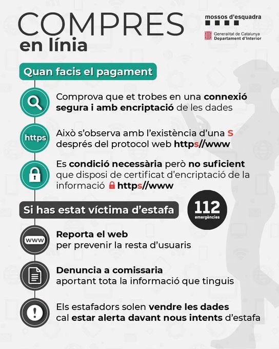PoliciaSabadell's tweet photo. #INFOPMS👮‍♀️ Has estat víctima d'una estafa per una compra en línia?

👉 Recorda:
✅ Reporta el web per prevenir a altres usuaris
✅ Denuncia-ho a comissaria
✅ Comunica-ho al teu banc

#Sabadell
#CompraSegura https://t.co/TwyO5Cg42G