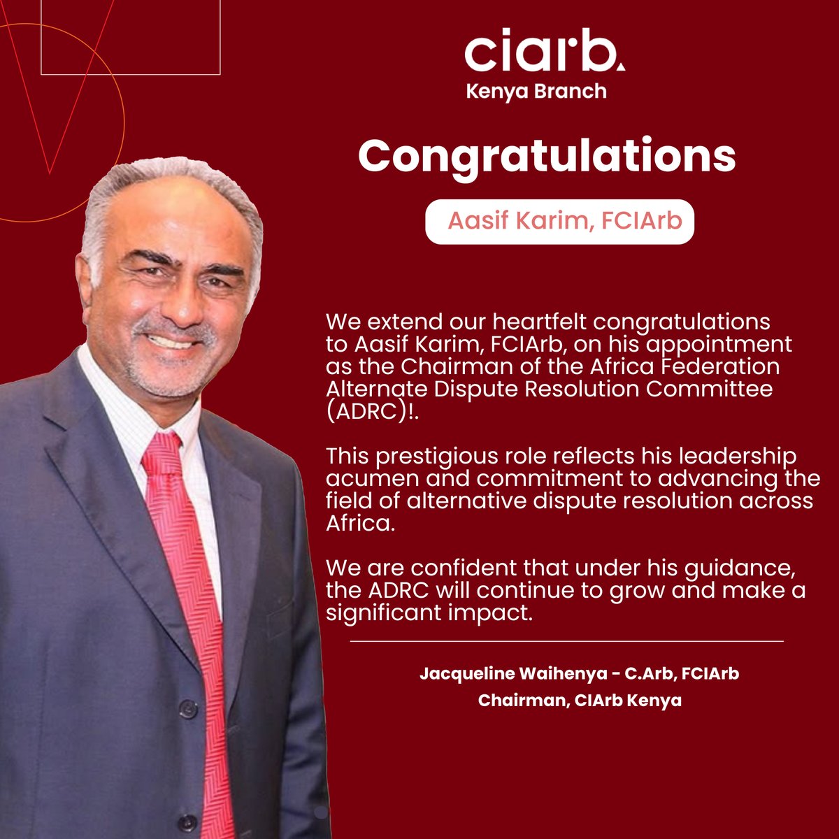 CIArb Kenya Branch (@ciarbkenya) on Twitter photo Congratulations <a href="/AasifKarim/">Aasif Karim</a>, FCIArb!
CIArb Kenya is thrilled to congratulate Aasif Karim, FCIArb, on his appointment as the Chair of the Alternate Dispute Resolution Committee (ADRC)! 👏🎉
Aasif's wealth of experience and dedication to advancing the field of ADR will Congratulations <a href="/AasifKarim/">Aasif Karim</a>, FCIArb!
CIArb Kenya is thrilled to congratulate Aasif Karim, FCIArb, on his appointment as the Chair of the Alternate Dispute Resolution Committee (ADRC)! 👏🎉
Aasif's wealth of experience and dedication to advancing the field of ADR will