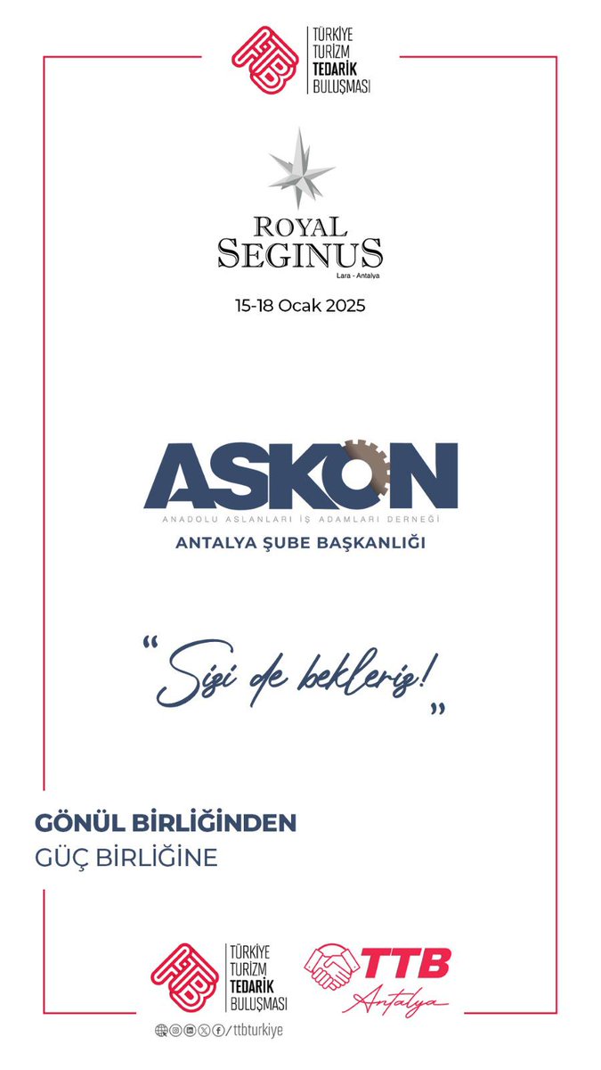 AntalyaAskon's tweet photo. Değerli Üyelerimiz;

Royal Seginus Hotel Lara ‘da açılışı yapılacak olan olan Türkiye Turizm Tedarik Buluşması Fuarına tüm üyelerimizi ASKON Antalya standımıza bekliyoruz. 

Tarih : 15 Ocak 2025
Saat : 14:30
Yer   : Seginus Hotel Lara
#Askon #Antalya https://t.co/XL00KkwqCq