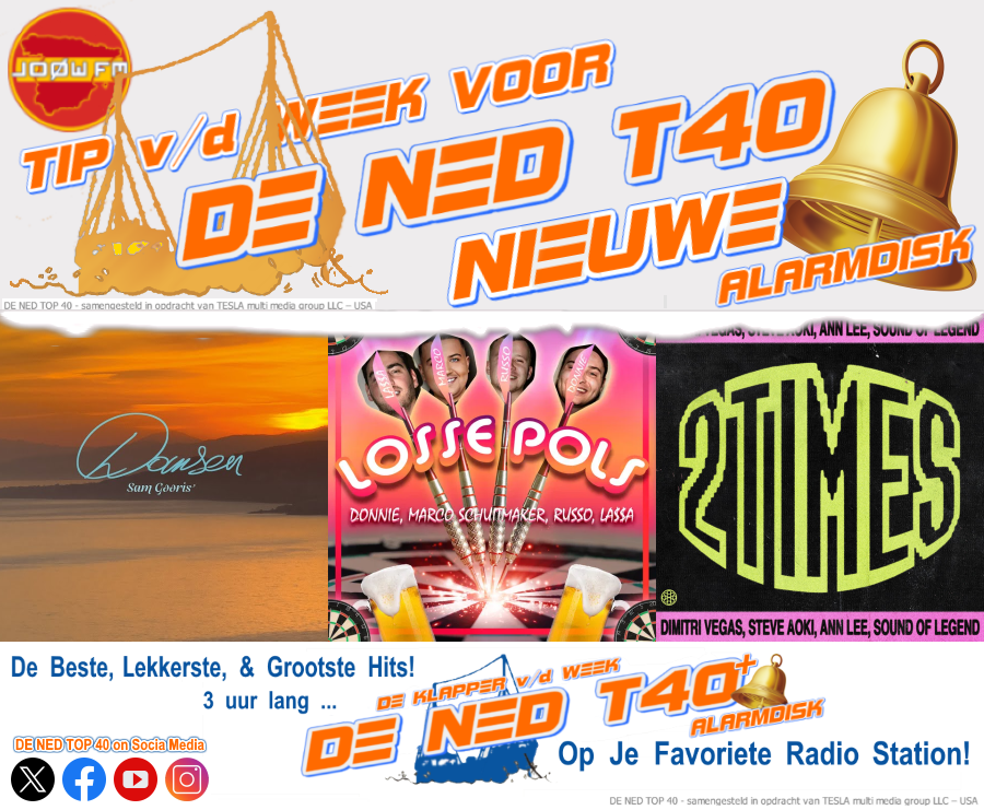joowfm's tweet photo. Stem op DE NED TOP 40 - ALARMDISK!
https://t.co/I6DeWY1oKj
1 - Sam Gooris - Dansen
2 - Donnie, Marco Schuitmaker, Russo &amp; LA$$A - Losse Pols
3 - Dimitri Vegas &amp; Steve Aoki &amp; Ann Lee &amp; Sound Of Legend - 2 Times
De Countdown v/d Week
DE NED TOP 40 &amp; TIP 30 + ALARMDISK! https://t.co/XEAbHYTNB8