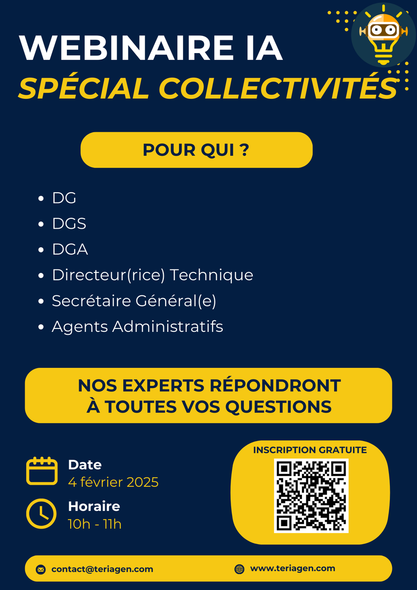 TeriagenContact's tweet photo. 🎯 Webinaire : l'IA simplifie votre quotidien !
📅 Mardi 4 février 2025, 10h-11h
💻 En ligne, gratuit
Élu(e) ou DGS ? Découvrez :
✅ 5h gagnées/sem. sur les tâches
✅ Services améliorés &amp; RGPD respecté
👉 Inscription : https://t.co/uxYLPfHAKr
#IA #Collectivités #Innovation https://t.co/idMnR44CnZ