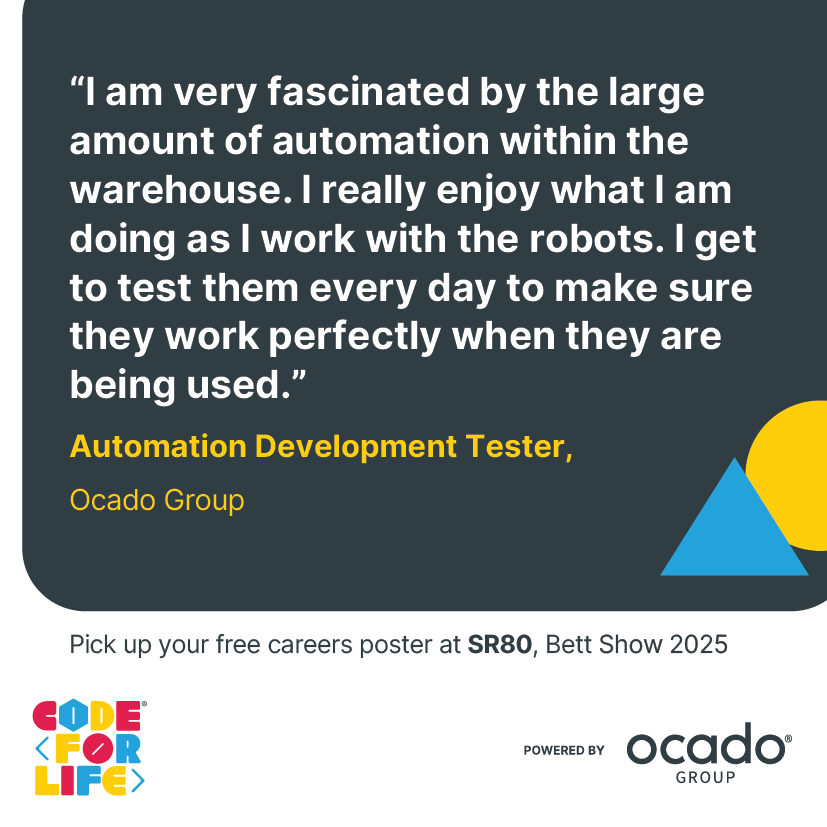 codeforlifeuk's tweet image. Teachers, are you ready for Bett Show 2025? 🤗 
Get hands-on with our coding resources and games, and chat with our amazing software team! 💻 Plus, we’ve got something special for your classroom - a FREE careers inspiration poster [bit.ly/3E7dg2r]. 
Say hello:SR80!👋