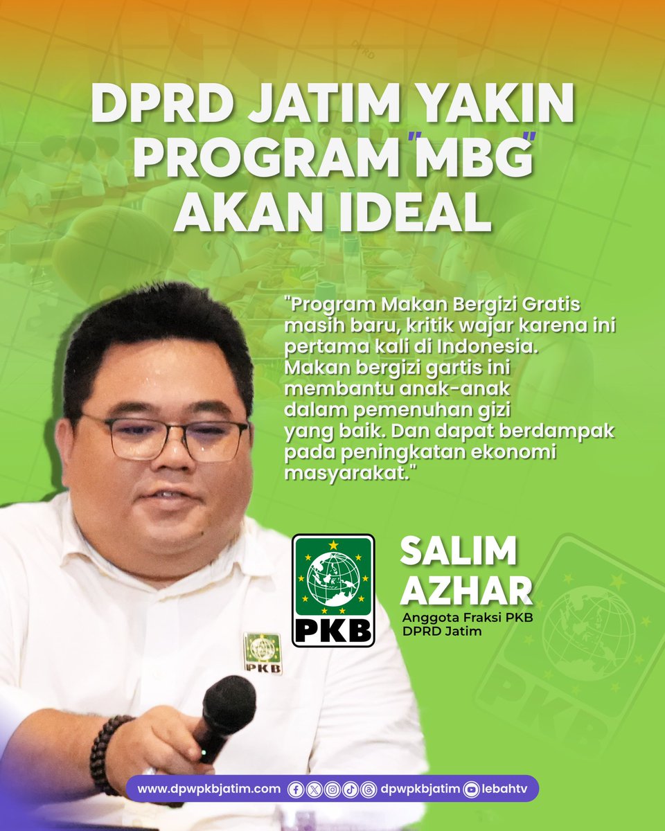 Menurut Salim Azhar, anggota Fraksi PKB DPRD Jatim, program ini merupakan terobosan pertama di Indonesia yang bertujuan memberikan dampak positif pada pemenuhan gizi sekaligus perekonomian masyarakat. 

#ProgramMBG 
#FraksiPKB
#PKB
#LebahJatim
#DPWPKBJatim
#RakyatJatim
#Ijo