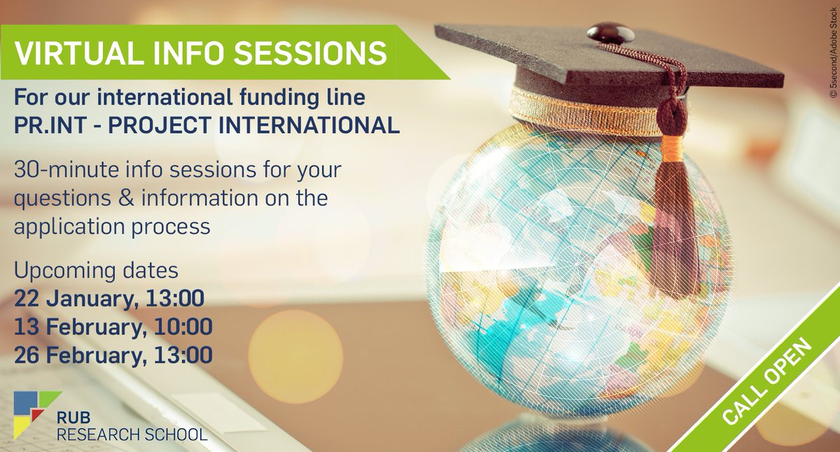 🚨The monthly application deadline for our international funding line PR.INT ends today!🤔If you don't know the offer yet, take a look at our website and join one of the virtual info sessions. The next application deadline is 12 Feb.👉research-school.rub.de/doctoral-resea…