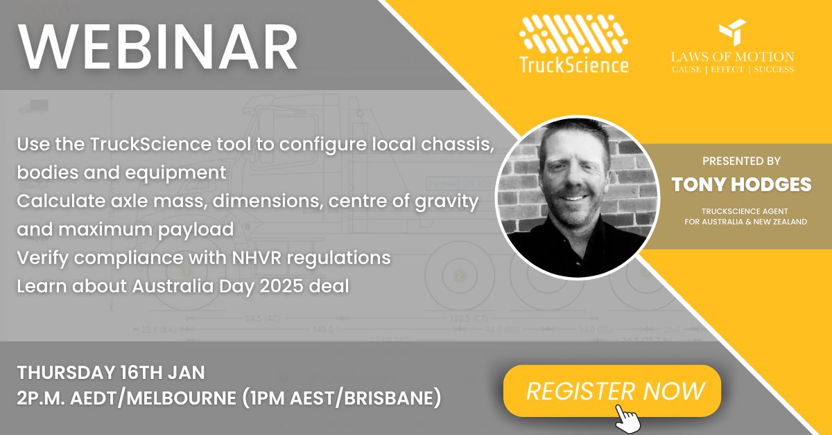 Webinar this week!

TruckScience is used by truck salespeople and body builders throughout Australia to configure legal trucks with maximum payload.

Register here - us06web.zoom.us/webinar/regist…