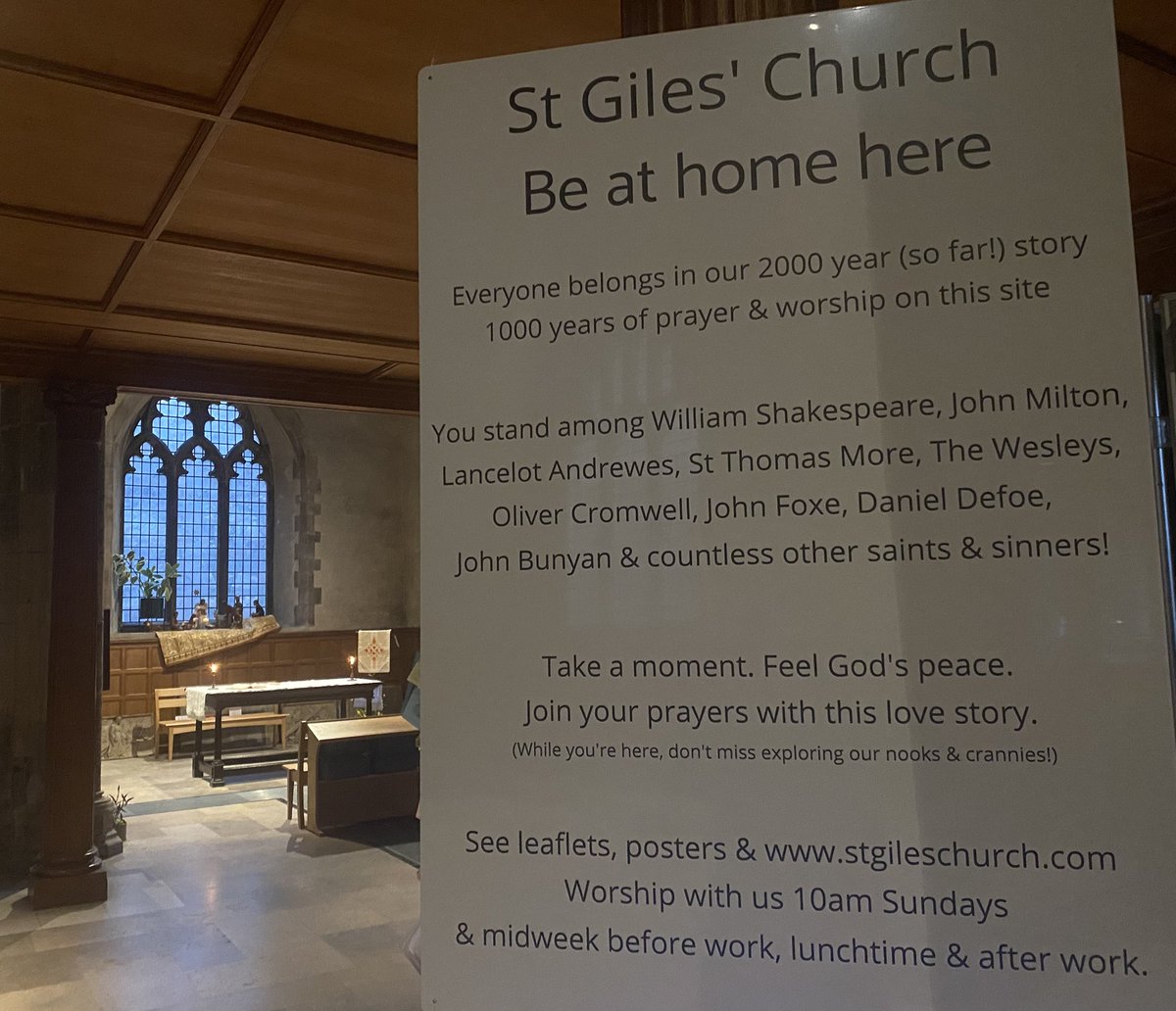 frjacknoble's tweet photo. Be at home in #thelittlecountrychurchinthecity β¦ @stgilescg @stgilescg.bsky.social open #everyday for #everyone β¦ #sunday and midweek #churchservices #london β¦ church for #barbican #moorgate #goldenlaneestate #oldstreet https://t.co/ULVL1sjP6P