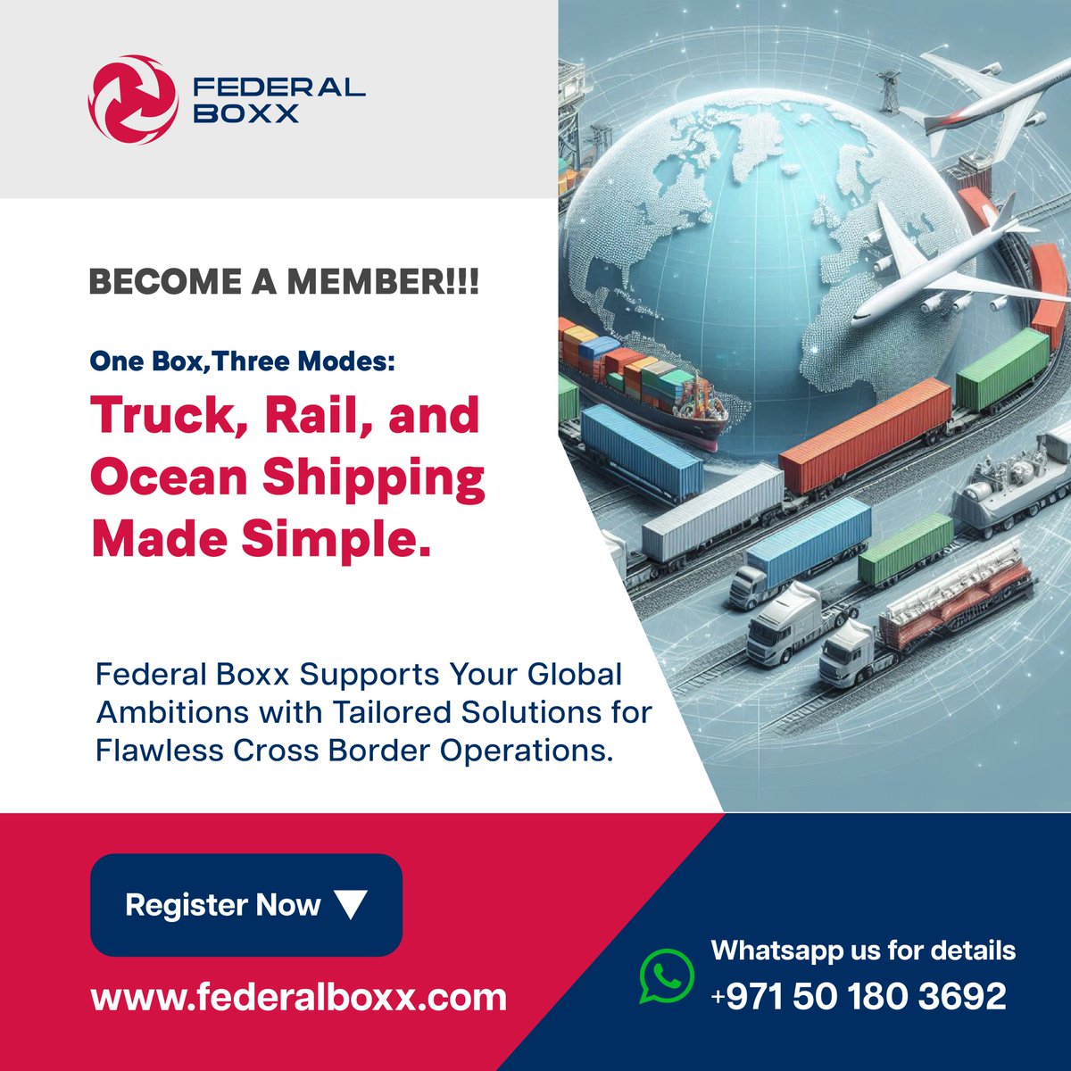 federalboxx's tweet photo. 🚀 One Box, Three Modes! 🌍
Effortlessly ship via Truck, Rail, or Ocean with Federal Boxx. Tailored solutions for cross-border excellence.
📩 Register: https://t.co/f5OcYFu5xt
📞 WhatsApp: +971 50 180 3692

#ShippingMadeEasy #IntermodalLogistics #GlobalTrade https://t.co/2bMW5pmflJ