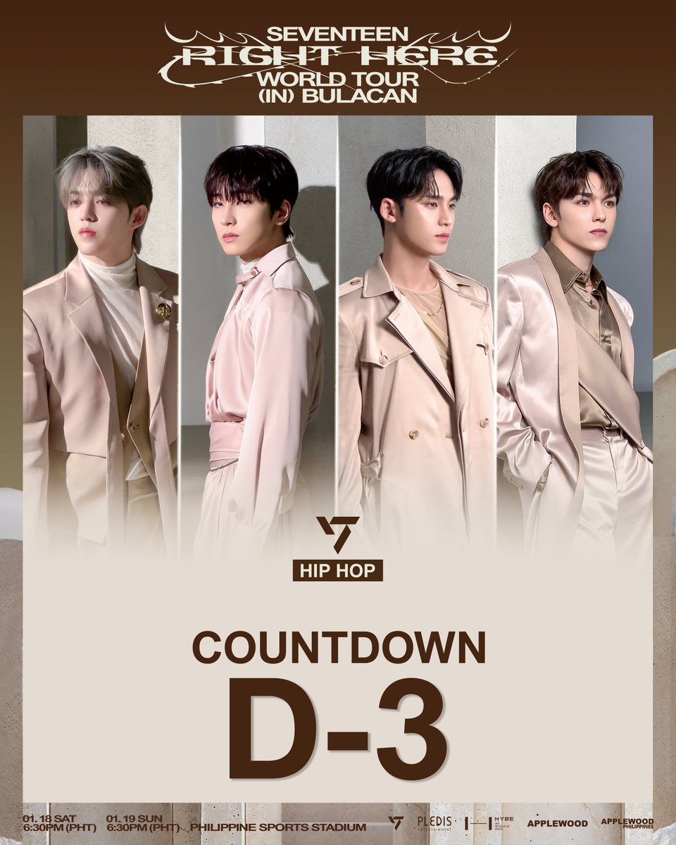 [✨COUNTDOWN D-3!✨]

CARATdeul~💎
We're just 3 days away from the SEVENTEEN [RIGHT HERE] Concert! 🎤✨
See you there! 🙌🔥

𝗦𝗘𝗩𝗘𝗡𝗧𝗘𝗘𝗡 [𝗥𝗜𝗚𝗛𝗧 𝗛𝗘𝗥𝗘] 𝗪𝗢𝗥𝗟𝗗 𝗧𝗢𝗨𝗥 𝗜𝗡 𝗕𝗨𝗟𝗔𝗖𝗔𝗡
📅 2025. 01. 18 (SAT) 6:30PM PHT &amp; 19 (SUN) 6:30PM PHT
📍 PHILIPPINE