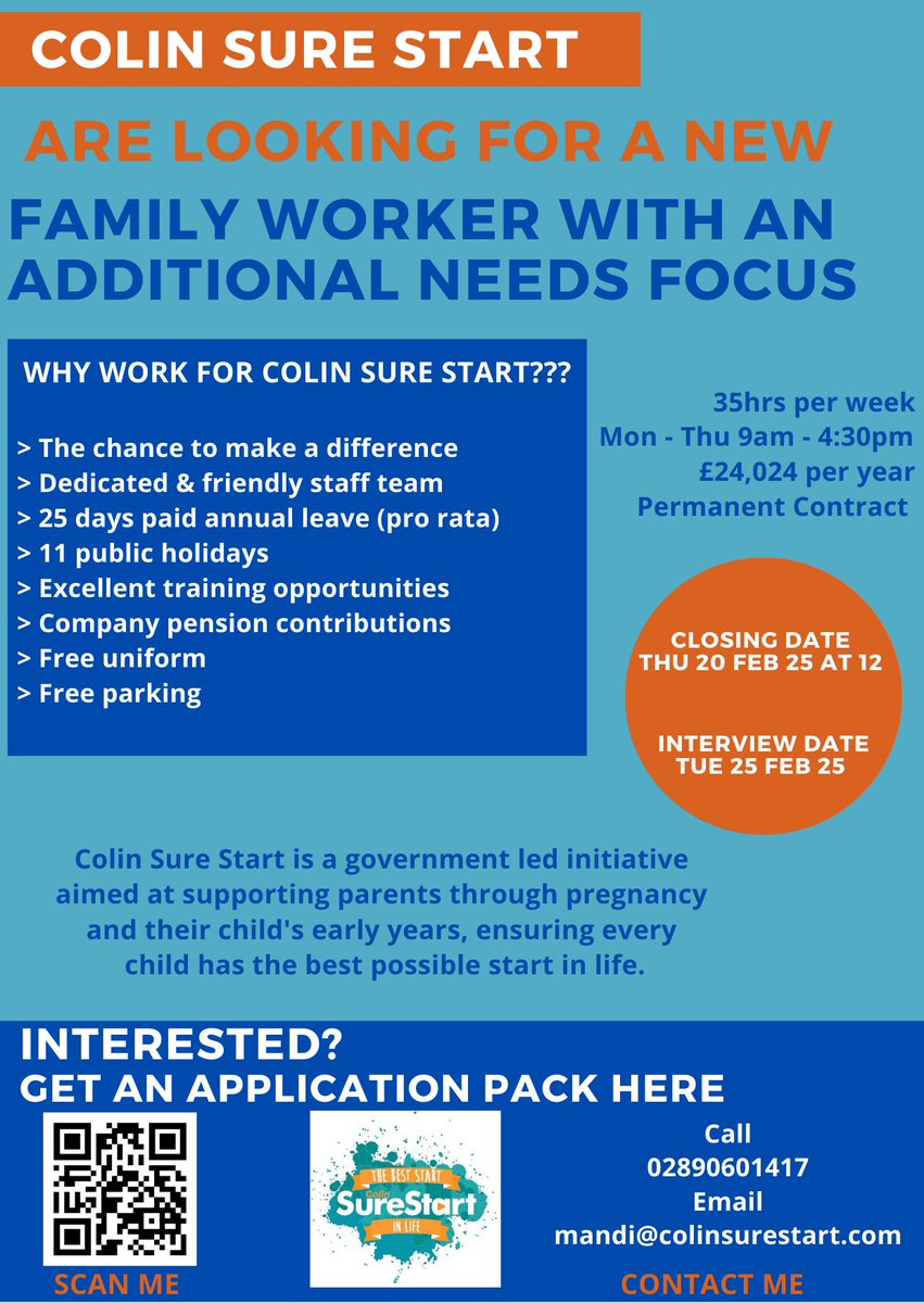 Would you like an exciting opportunity to join our organisation, to make a difference and work in early years and family support? We are recruiting for 2 permanent roles:
communityni.org/.../family-wor…...

communityni.org/.../early-year…...