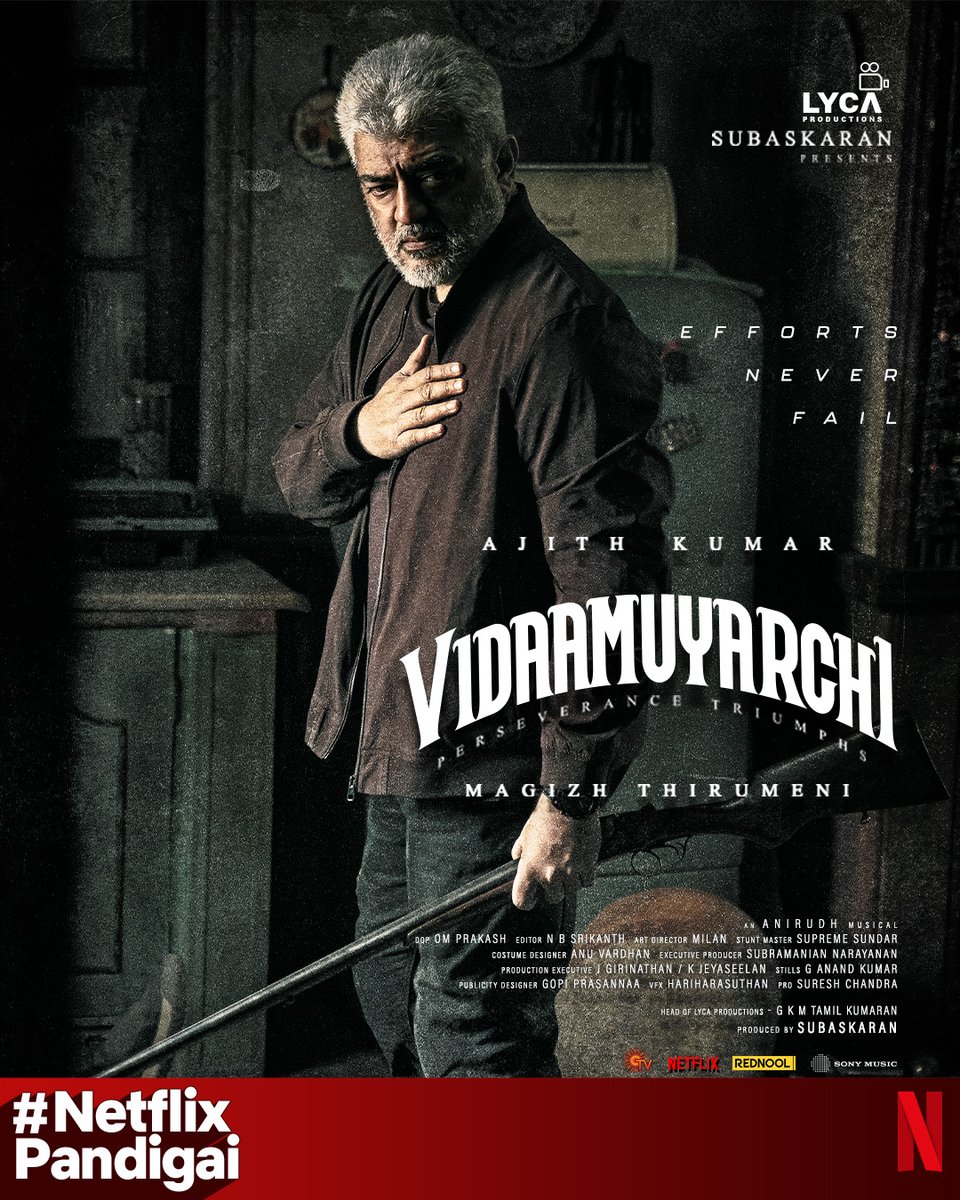 Netflix_INSouth's tweet photo. Ajith Kumar is back, proving why Vidaamuyarchi never fails! 🔥
Vidaamuyarchi is coming to Netflix in Tamil, Telugu, Malayalam, Kannada, and Hindi after its theatrical release!

#NetflixPandigai https://t.co/RCrk5xFLtr