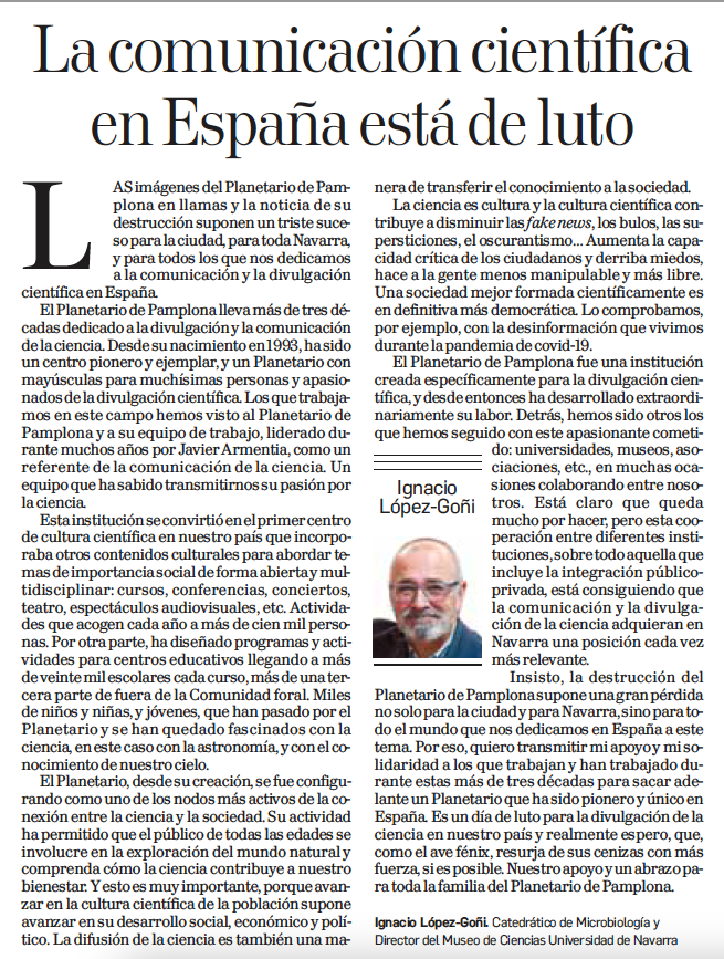 microBIO (@microbioblog) on Twitter photo Un día triste para la comunicación y divulgación de la ciencia en España. Nuestro apoyo y solidaridad con <a href="/pamplonetario/">Planetario Pamplona</a> Un día triste para la comunicación y divulgación de la ciencia en España. Nuestro apoyo y solidaridad con <a href="/pamplonetario/">Planetario Pamplona</a>