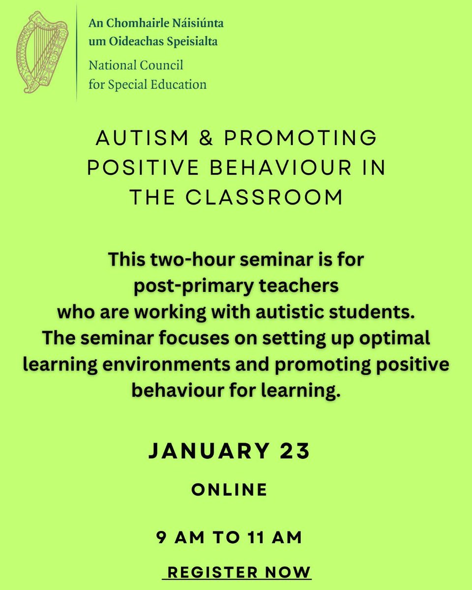 ncseirl's tweet photo. Calling all post-primary teachers! Join our two-hour seminar, January 23, to discover effective strategies for creating optimal learning environments and fostering positive behaviour for learning for autistic students. Register now- https://t.co/5f4uSonnLd

Seo fógra don uile mhúinteoir iarbhunscoile! Bí linn don seimineár dhá uair an chloig, an 23 Eanáir, chun teacht ar straitéisí éifeachtacha chun timpeallachtaí foghlama barrmhaithe a chruthú agus iompar dearfach don fhoghlaim a chothú do dhaltaí a bhfuil uathachas orthu. Cláraigh anois- https://t.co/OJOqqXNudq