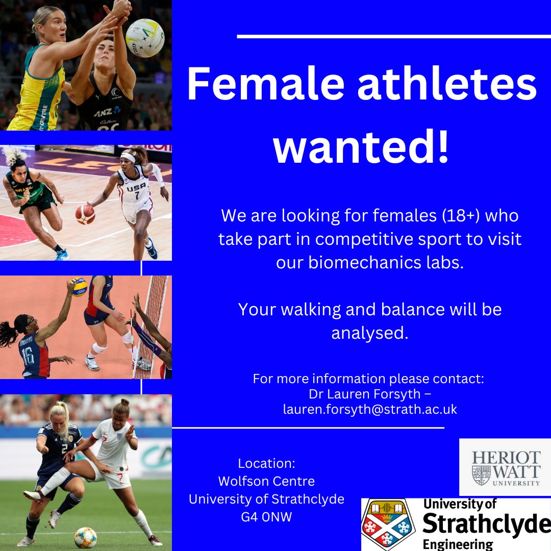 Dr Lauren Forsyth (@lforsyth_phd) on Twitter photo ‼️ PARTICIPANTS WANTED‼️
We are looking for female athletes to come into our labs at <a href="/UniStrathclyde/">University of Strathclyde</a> <a href="/StrathEng/">Strathclyde Engineering</a>.
18+ and any sport/level
Please share with anyone who might be interested❤️
#womeninsport #gaitanalysis #biomechanics ‼️ PARTICIPANTS WANTED‼️
We are looking for female athletes to come into our labs at <a href="/UniStrathclyde/">University of Strathclyde</a> <a href="/StrathEng/">Strathclyde Engineering</a>.
18+ and any sport/level
Please share with anyone who might be interested❤️
#womeninsport #gaitanalysis #biomechanics