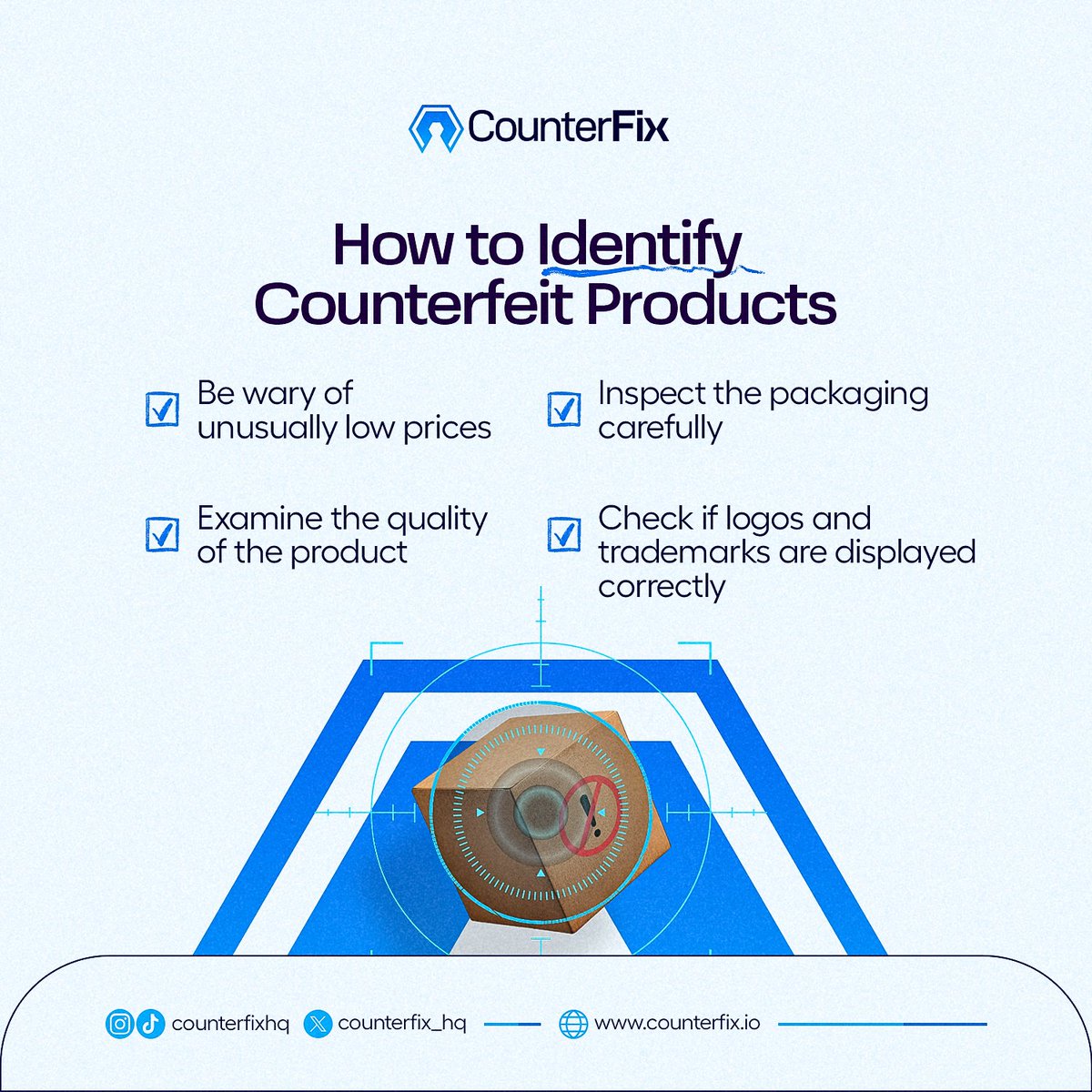 counterfix_hq's tweet photo. Spotting counterfeit product can save you money and health 🕵️‍♂️ Stay alert by checking prices, packaging, quality, and trademarks. Protect your purchases with these quick tips from #CounterFix💡 #AuthenticationMatters #BrandProtection #SecureSolutions #BusinessTrust #verifyproducts https://t.co/iQvYfmSOtD
