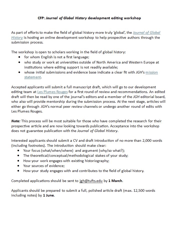 Taomo Zhou 周陶沫 (@taomo_zhou) on Twitter photo I’m deeply honored to join the editorial board of Journal of Global History 🌍 <a href="/GlobalHistJnl/">Journal of Global History</a>
📢2 make the field more inclusive, we r hosting a Development Editing Workshop tailored 4 scholars for whom English is not a first language or outside N. America & W. Europe I’m deeply honored to join the editorial board of Journal of Global History 🌍 <a href="/GlobalHistJnl/">Journal of Global History</a>
📢2 make the field more inclusive, we r hosting a Development Editing Workshop tailored 4 scholars for whom English is not a first language or outside N. America & W. Europe