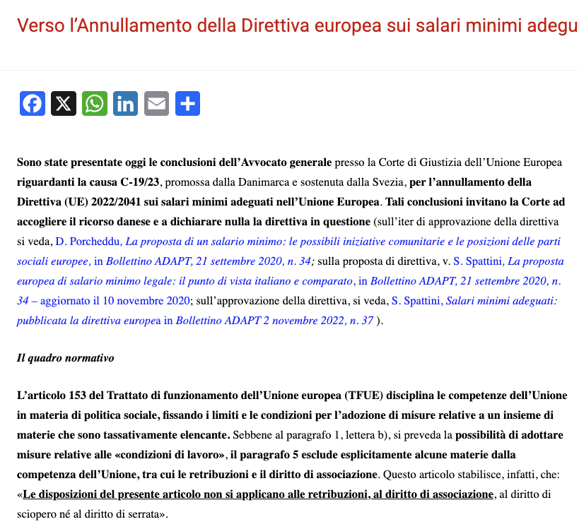 francescoseghez's tweet photo. Verso l’annullamento della Direttiva europea sui salari minimi adeguati?

Dopo le motivazioni dell'Avvocato generale della Corte di giustizia di ieri la domanda è necessaria, e lo scenario rischia di cambiare notevolmente. 

Se volete farvi una idea ne scrive oggi @SilviaSpattini per il @bollettinoADAPT 
https://t.co/GqO9ihx5bG