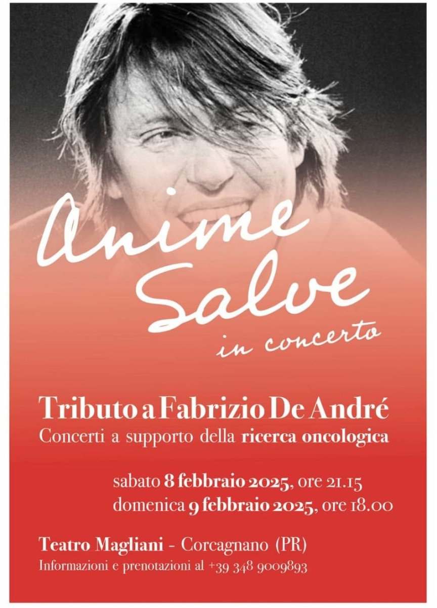 breastunitparma's tweet photo. 🎶✨ Join us for a special tribute to Fabrizio De André by **Anime Salve** at Teatro di Corcagnano on Feb 8th &amp; 9th! 🎤❤️ 

Proceeds support breast cancer research at the Breast Unit of Parma. 

Call **+393489009893** to book your tickets! 

#DeAndre #BreastCancerResearch https://t.co/OcjJsbRwhc