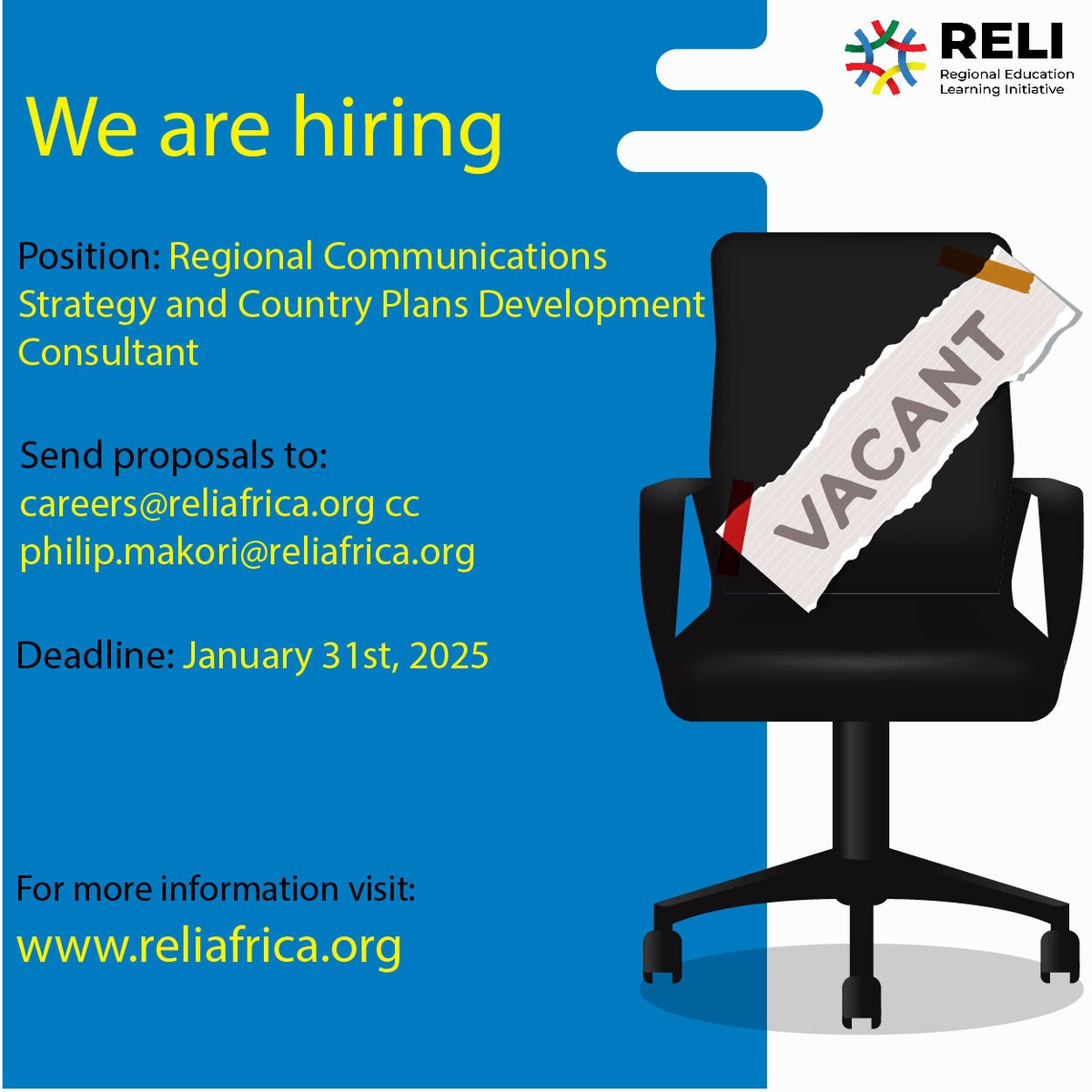 RELI Africa (@reliafrica) on Twitter photo We are looking for a Consultant to develop our regional communications strategy and country communication plans.
💡 Deadline: 31st January 2025.
📩 careers@reliafrica.org cc philip.makori@reliafrica.org
For more info: reliafrica.org/careers/ We are looking for a Consultant to develop our regional communications strategy and country communication plans.
💡 Deadline: 31st January 2025.
📩 careers@reliafrica.org cc philip.makori@reliafrica.org
For more info: reliafrica.org/careers/