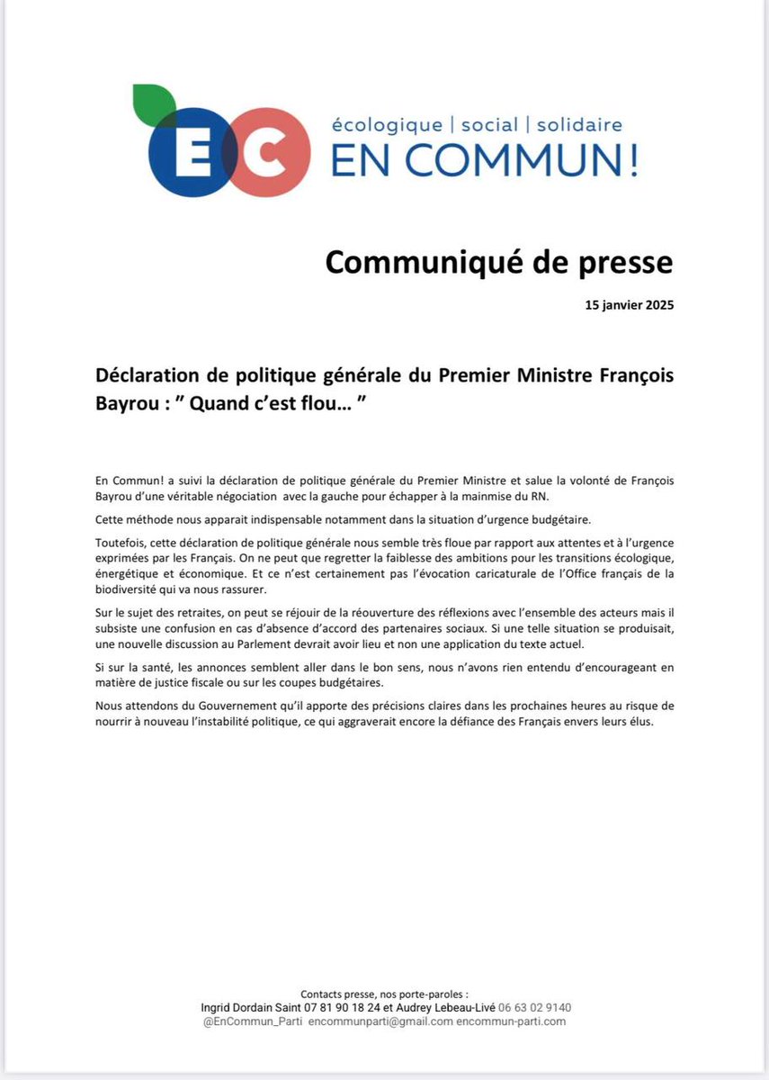 A la suite de la déclaration de politique générale du Premier Ministre François Bayrou, notre réaction ⤵️
Quand c'est flou ...
#DPG 
#PremierMinistre 
#Bayrou