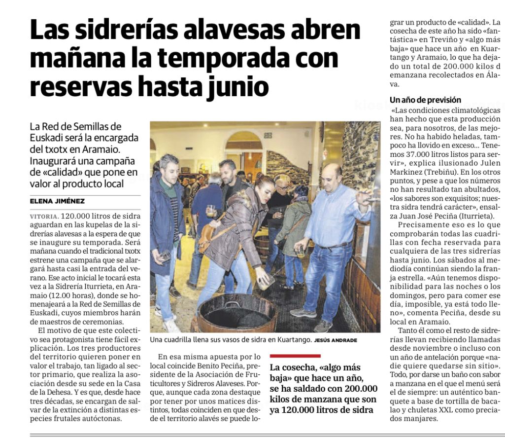 Mañana empieza la temporada del #txotx en #Álava con reservas hasta junio. Se inaugura así una campaña de calidad que pone en valor al #productolocal. 

Bihar #txotx denboraldiaren hasiera izango da #Araban, ekainera arteko erreserbekin. 

#GasteizOn