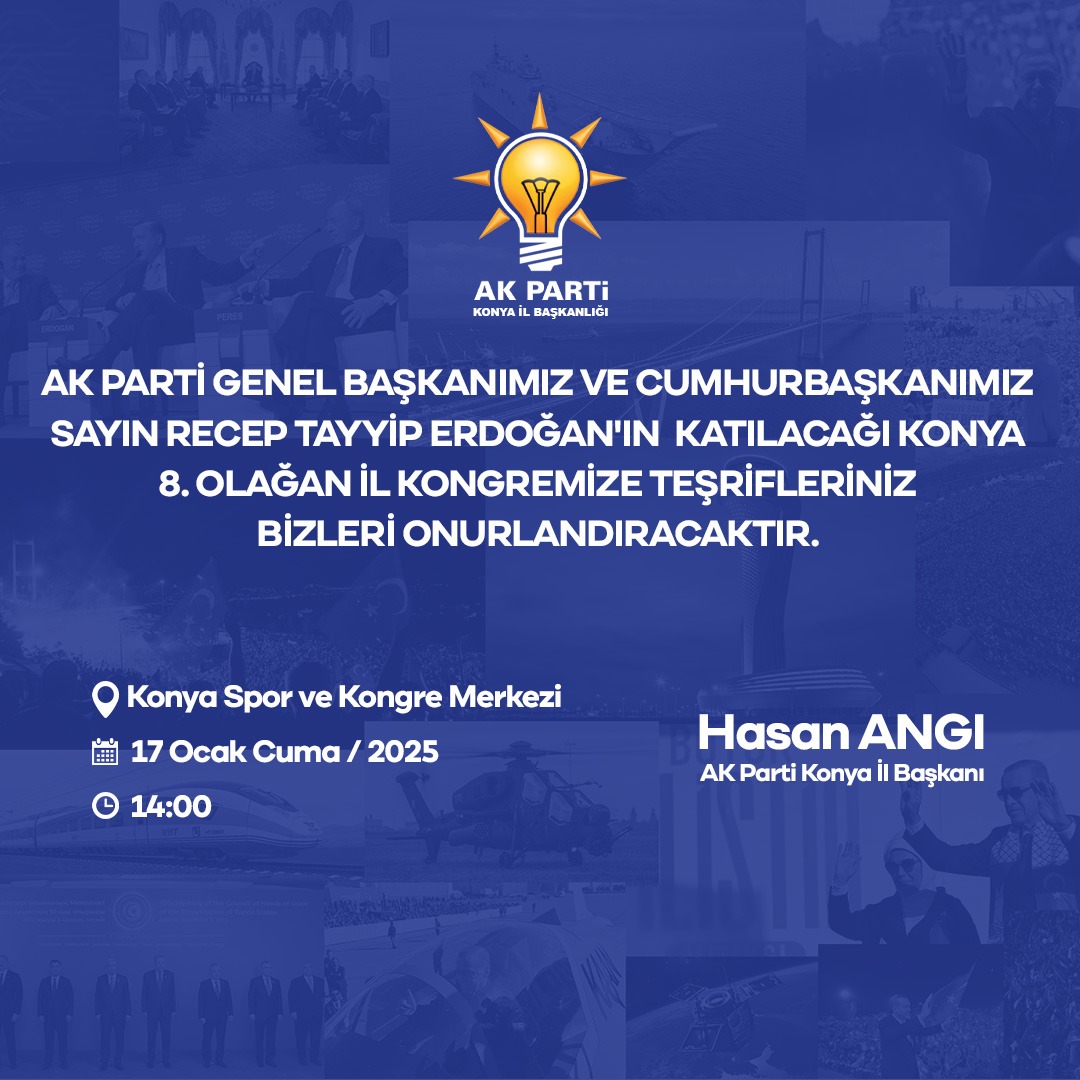 Genel Başkanımız, Cumhurbaşkanımız Sayın Recep Tayyip Erdoğan'ı Konya'mızda ağırlamaya hazırız. 

Kıymetli Liderimizin teşrifleriyle gerçekleştireceğimiz AK Parti Konya 8. Olağan İl Kongremize tüm hemşehrilerimizi davet ediyorum.