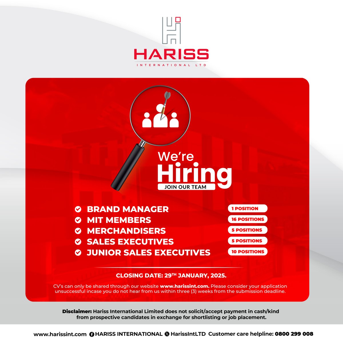 Join Our Team! Exciting Opportunities Await

Apply now or refer someone you know before the deadline.

Visit our website to apply and submit your CV: harissint.com/career