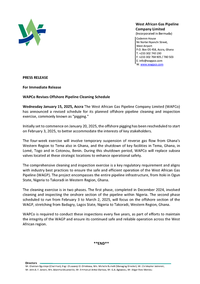 OneWAPCo's tweet photo. Press Statement:ย WAPCo Revises Offshore Pipeline Cleaning Schedule
Read the full statement here: https://t.co/M9TmTcoAV4
#OneWAPCo #DrivingRegionalEnergy https://t.co/f1uSCyKK6Y