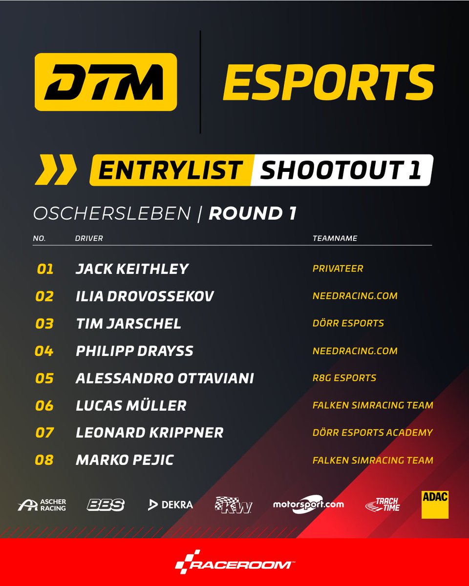 raceroom's tweet photo. The stage is set! 🏁 

Here's the official entry list for Shootout #1 of the DTM Esports Championship 2025! 

The top 32 drivers are ready to fight for a spot in the full season. Who are you cheering for? 🏆🚀

#RaceRoom #simracing #DTM #esports https://t.co/BxjnZ56P0f